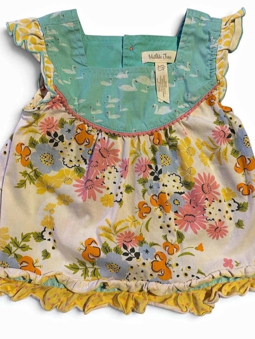 Matilda Jane The Adventure Begins Upsy Daisy Shabby Top Swan Floral 12-18 M
